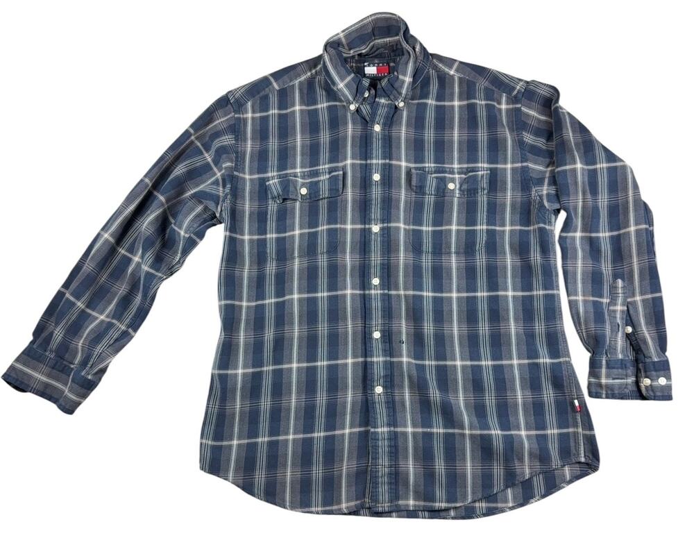 Vintage Tommy Hilfiger Plaid Button Down Shirt Mens L Blue Gray 90s Y2K Flag
